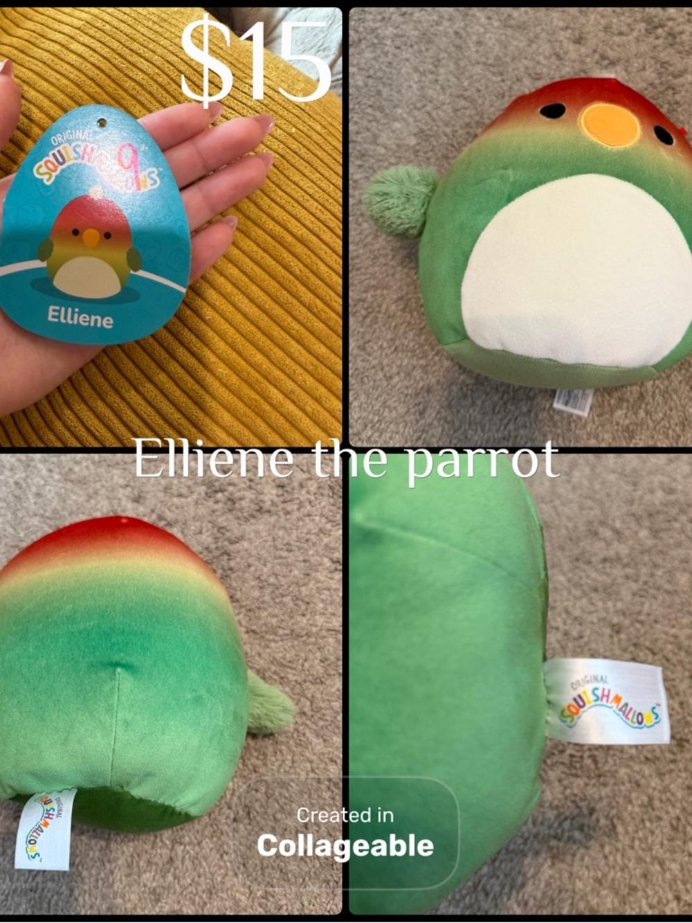 Squishmallows Elliene Rainbow Green & Red Parrot Plush